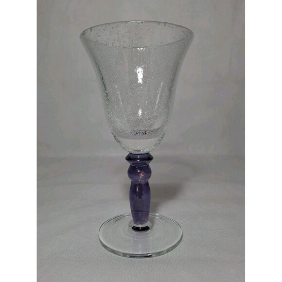 Vintage Pottery Barn Handblown Wine Glass Goblets Bubble Effect Purple Blue Stem - Picture 2 of 10